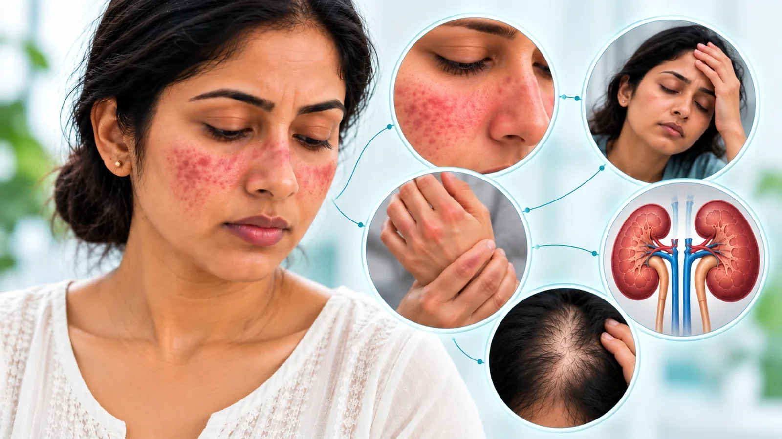 Woman with a butterfly rash across her cheeks, with close-ups of the rash, fatigue, painful joints, kidneys and hair thinning