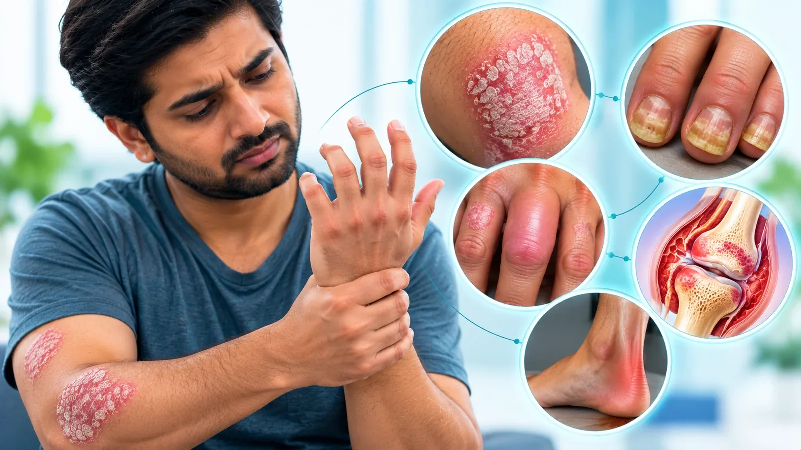 Man with psoriasis patches on his elbow holding his wrist, with close-ups of psoriasis, nail changes, a swollen finger and heel pain