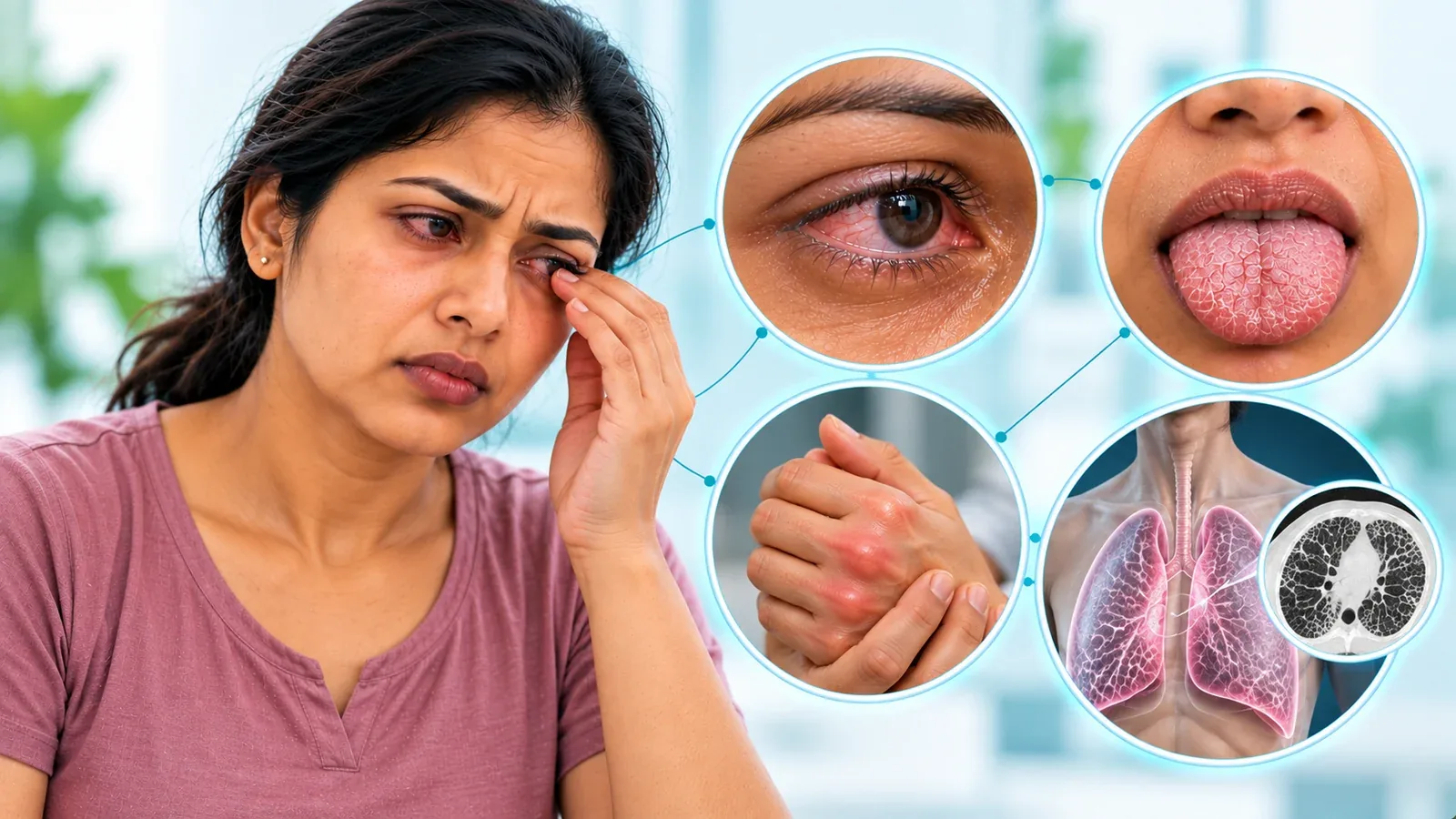 Woman rubbing a dry, red eye, with close-ups of a dry eye, a dry tongue, swollen hand joints and the lungs