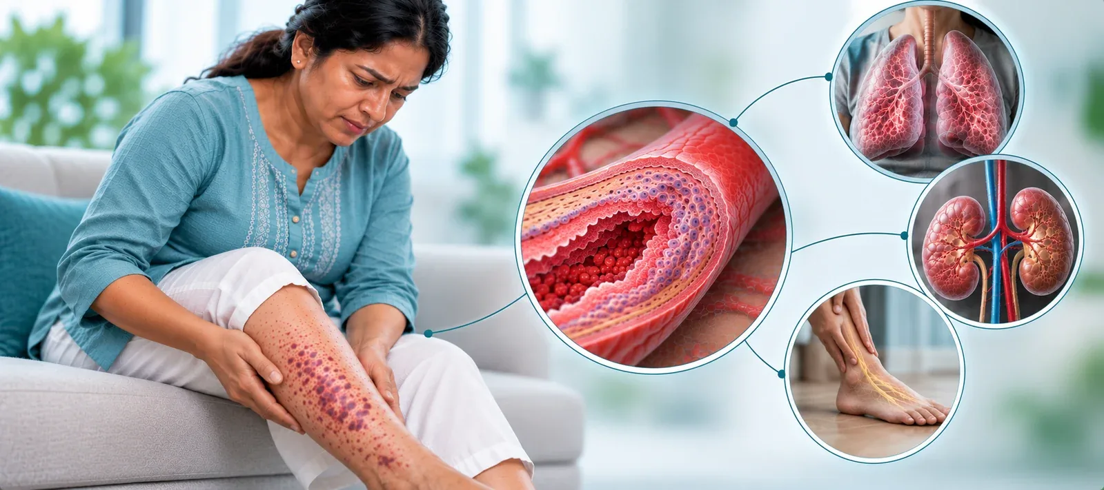 Woman with purple spots on her lower leg, with illustrations of an inflamed blood vessel, the lungs, the kidneys and a numb foot