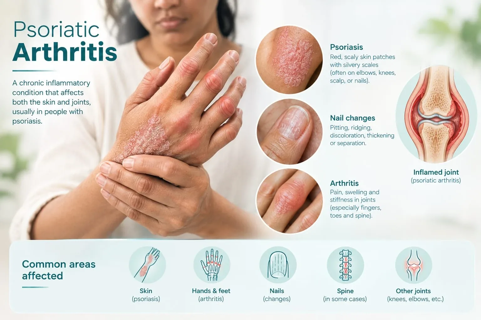 Hand with psoriasis patches and swollen joints, with close-ups of psoriasis, nail changes and an inflamed finger joint