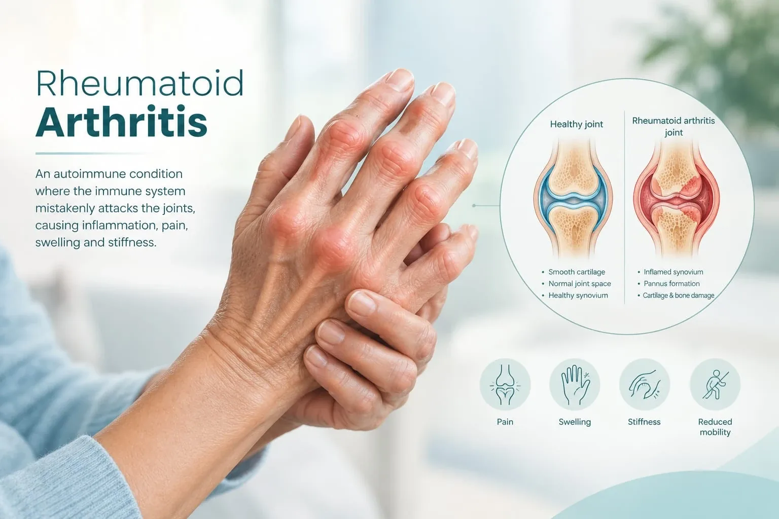 Swollen finger joints of a person with rheumatoid arthritis, beside a diagram comparing a healthy joint with an inflamed one